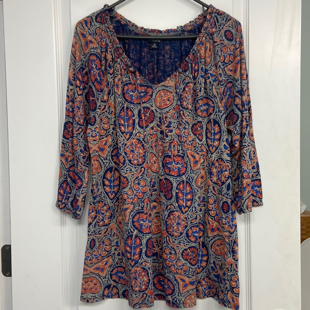 Lucky Brand Women’s 1X Floral Blouse drawstring neck line 3/4 length sleeves